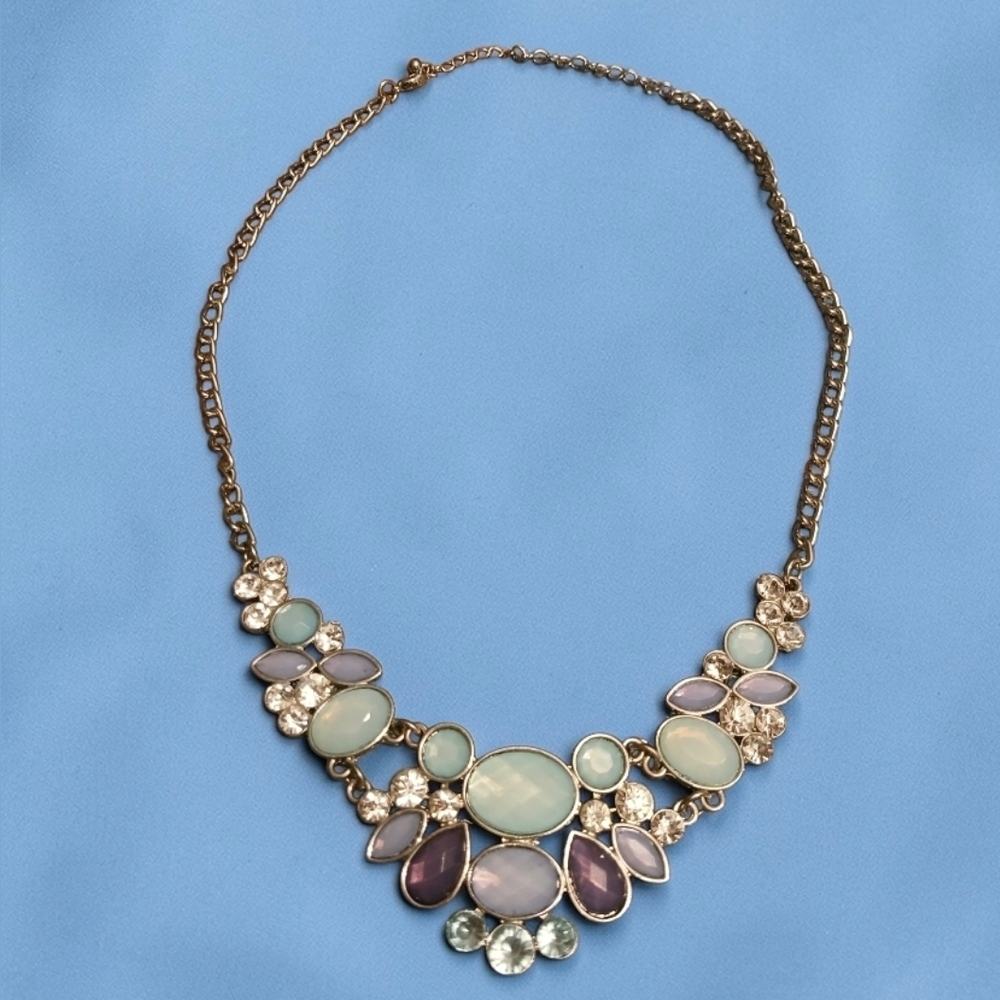 Silver Tone Pastel Multi-Colored Acrylic Beads And Clear Rhinestone Necklace 17" - Picture 2 of 3